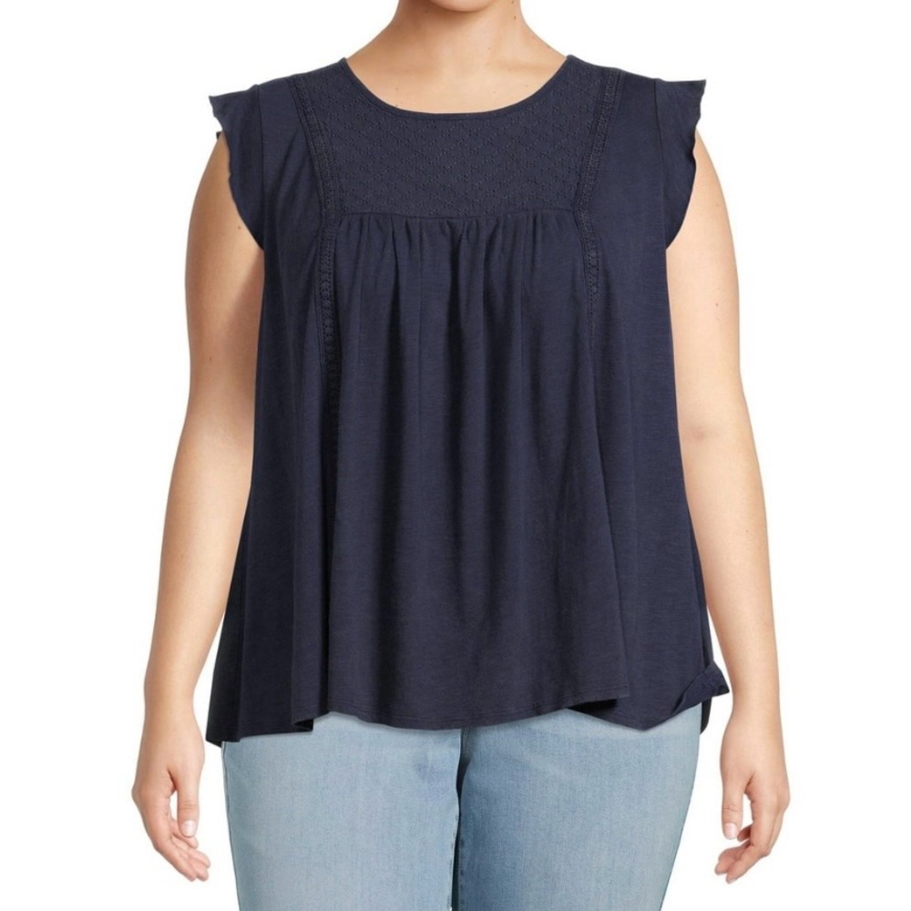 Terra & Sky Dark Blue Eyelet Trim Flutter Sleeve Top - Size: 14W